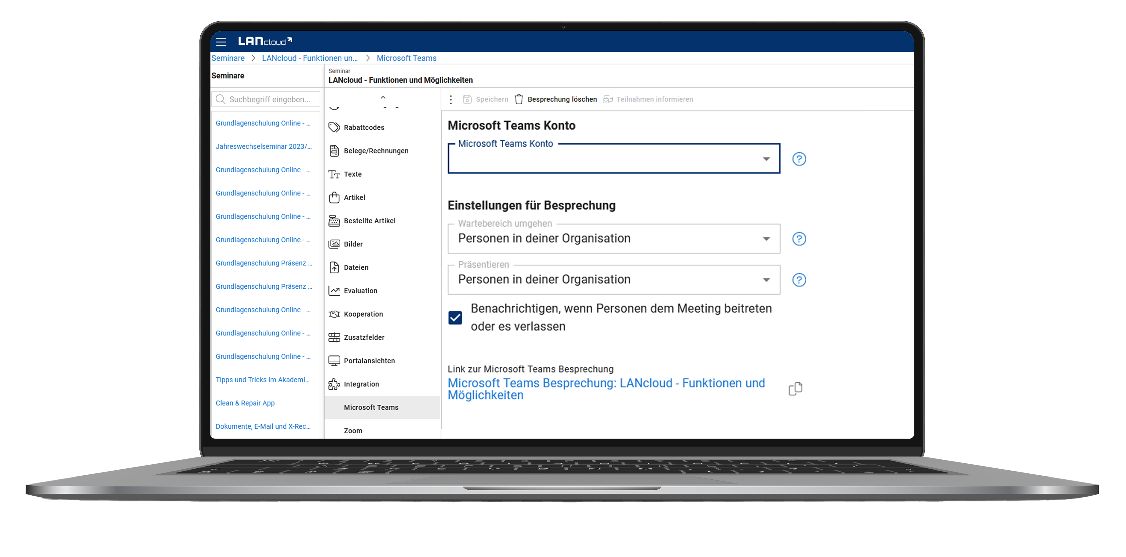 Hinterlege dein Microsoft Teams oder Zoom Konto für einen digitalen Start einer Veranstaltung