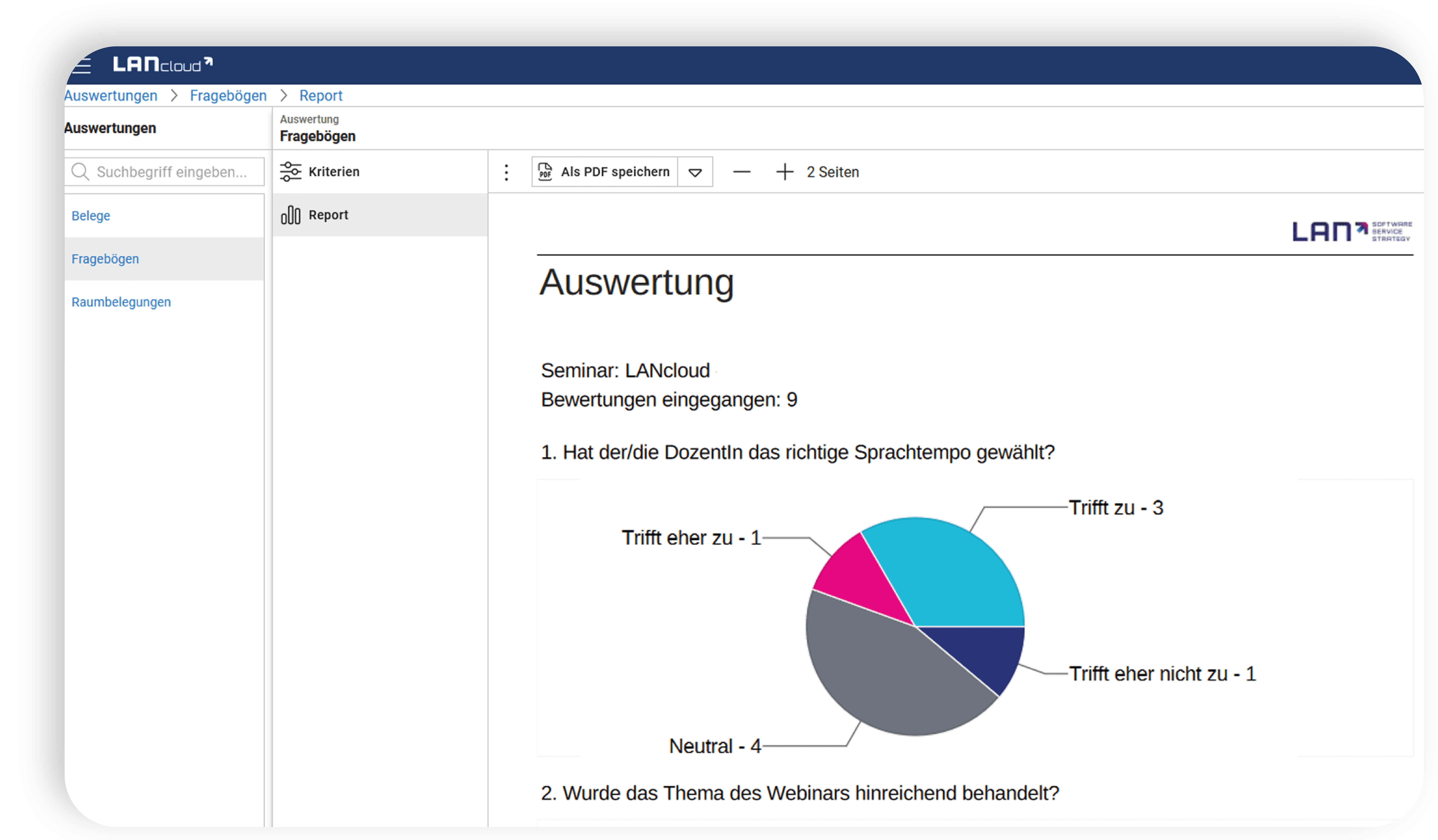 Binde einen Fragebogen in deine Veranstaltung ein und werte die Seminarevaluationsbögen anschließend aus. Nutze die Möglichkeit der Seminarevaluation in LANcloud, um deine Veranstaltungen zu evaluieren. So erhältst du in Echtzeit Feedback deiner Teilnehmenden über automatisiert versendete Feedback Fragebogen.