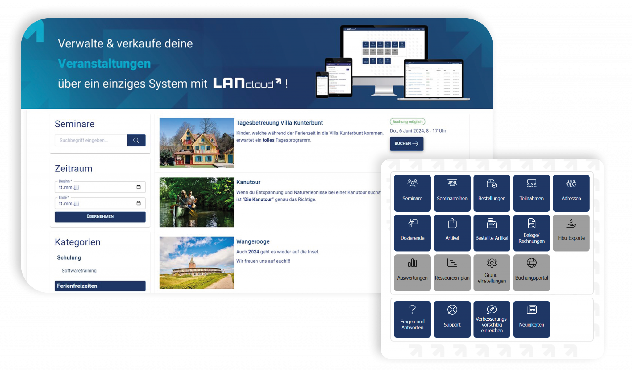 Entspannt dein Ferienprogramm online verwalten und rund um die Uhr online buchen und verkaufen. Über die organisations software von LANcloud erhältst du ein eigenes Buchungssystem für deine ferienfreizeiten und Camps und kannst deine Ferienprogramme online mit einem Klick automatisieren. Mit LANcloud erhältst du eine eigene Verwaltungssoftware für Ferienfreizeiten und kannst deine Verwaltungsarbeiten mit einem Klick automatisieren.